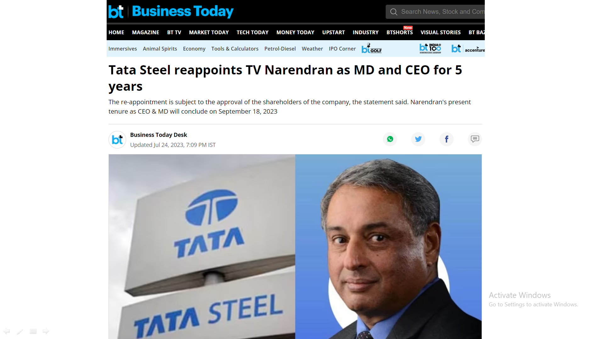 Tata Steel reappoints TV Narendran as MD and CEO for 5 years - BusinessToday